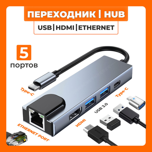 USB Hub Концентратор на 5 портов: USB, Type-C, HDMI, Ethernet ...