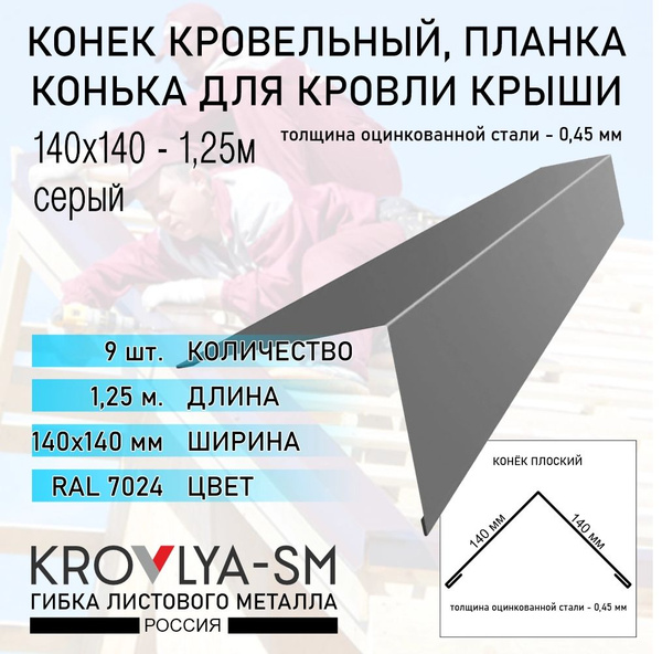 Конек кровельный, планка конька для кровли крыши 140х140 - 1,25 м ...