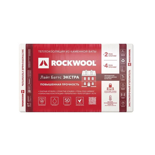Утеплитель ROCKWOOL Лайт Баттс ЭКСТРА 100х600х1000 мм 2.4 кв.м, 3 ...