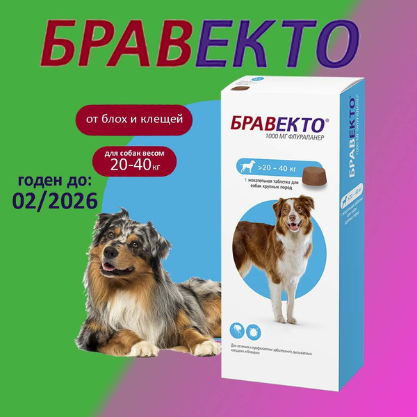 Бравекто (Bravecto) 20-40 кг, таблетка 1000 мг (02.2026) - купить с ...