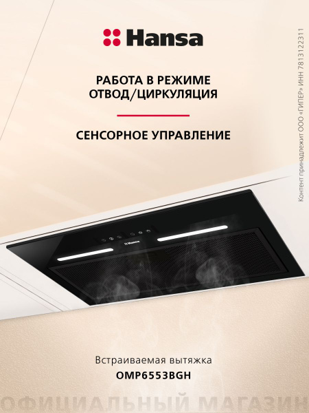 Встраиваемая вытяжка Hansa OMP6553BGH, 60 см, сенсорное управление, 3 ...