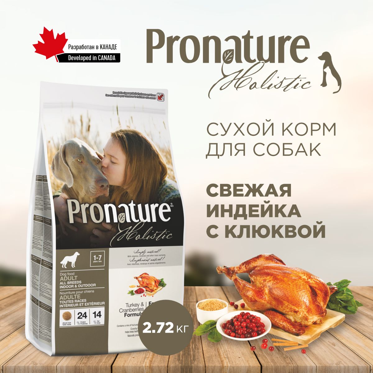 Сухой корм для взрослых собак всех пород Pronature Holistic Adult all  Breeds с индейкой и клюквой, 2,72 кг - купить с доставкой по выгодным ценам  в интернет-магазине OZON (563076802)