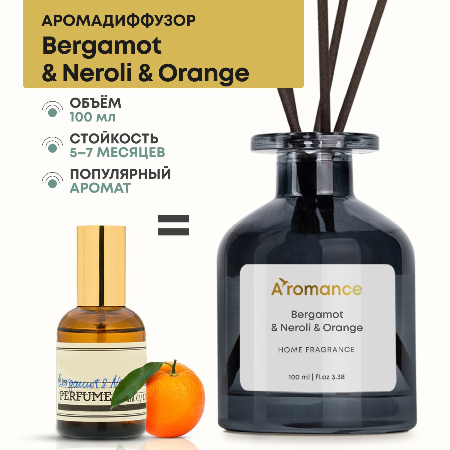 Ароматизатор для дома парфюм аромат диффузор с палочками Bergamot & Neroli  & Orange 100 мл