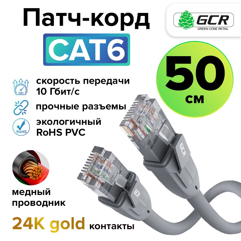 Короткийпатчкорд50смKAT.6LANкабельдляподключенияинтернетаGCR10Гбит/ссерый