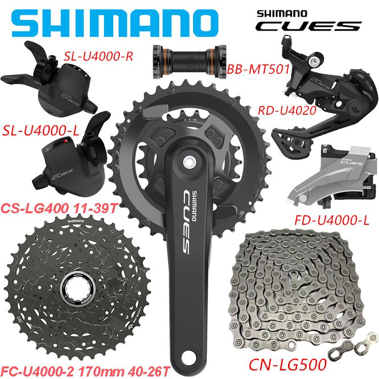 ShimanoCuesU4000,группаскоростей2x9,переключениеSL-L/SL-R/RD(Сокном),кассетаCS-LG40011-39T,цепьCN-LG500124L,шатуныFC-U4000170MM-40/26TскареткойMT501(набориз8шт.)