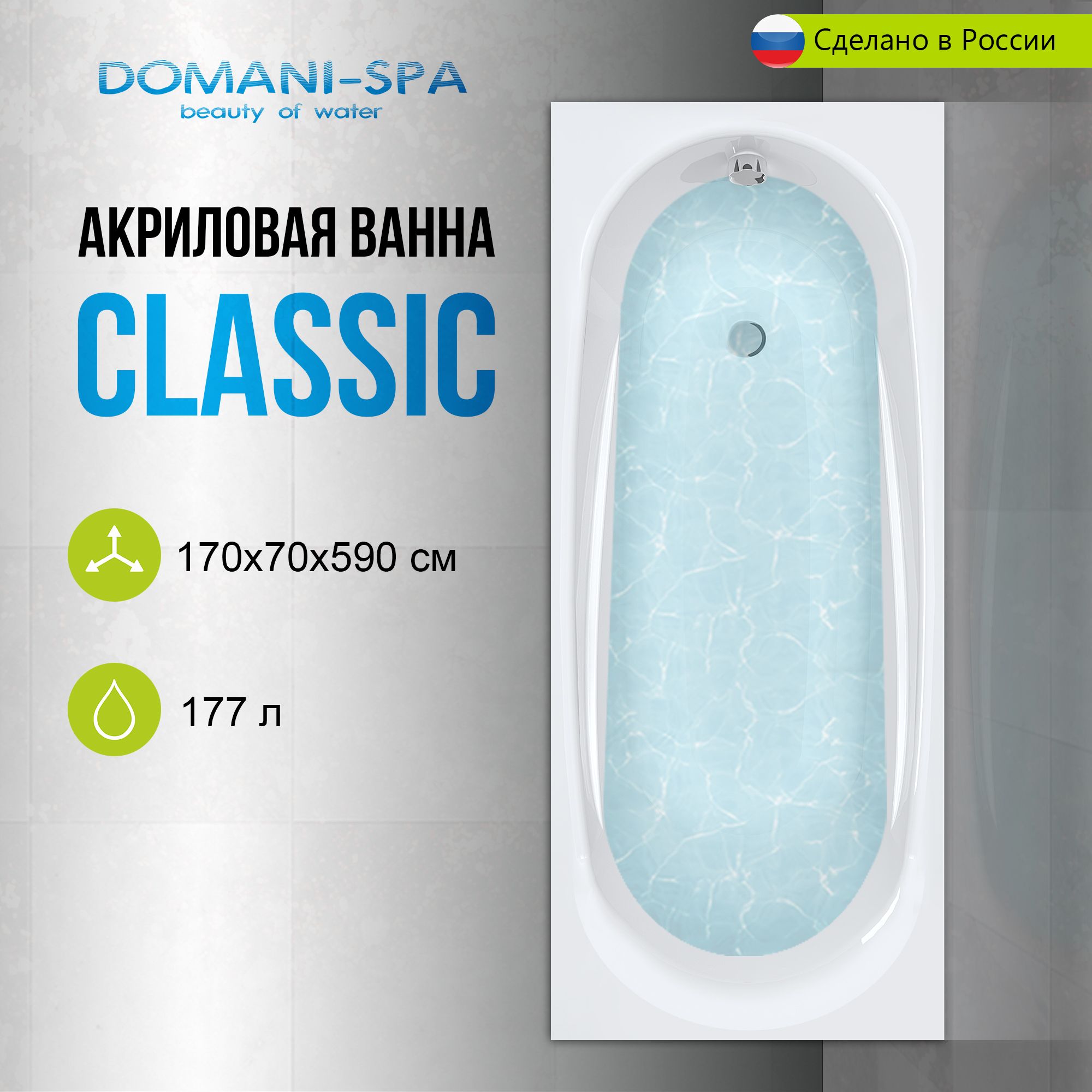 Ванна акриловая Domani-Spa Classic 170х70 пристенная, с каркасом и лицевым экраном в комплекте