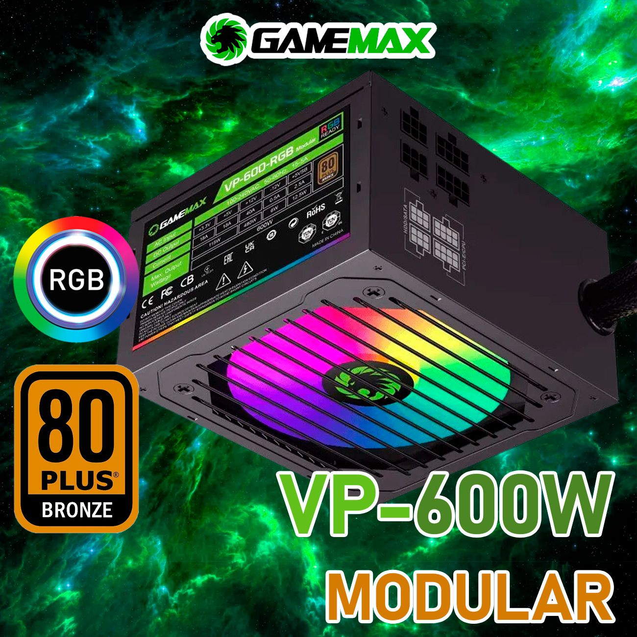 БлокпитаниядляПК600W80+BronzeмодульныйGameMaxVP-600-RGB-MODULARЧерный120мм20+4pin4+4pin(CPU)2*6+2pin(PCI-E)5*SATA3*MOLEX