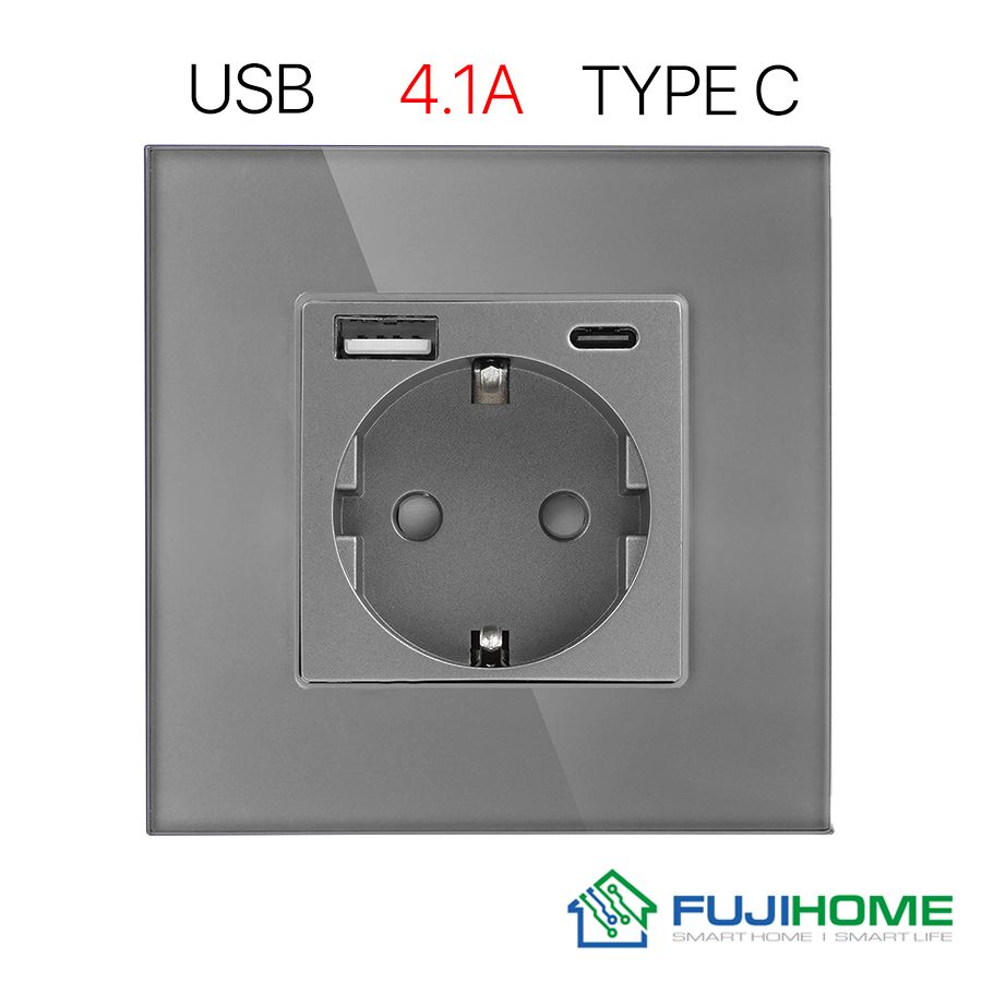 РозеткасUSB(TypeA+TypeC)FUJIHOMETW-GAC-GY(CS),сзаземлением,рамка86х86ммиззакаленногостекла,цветсерый