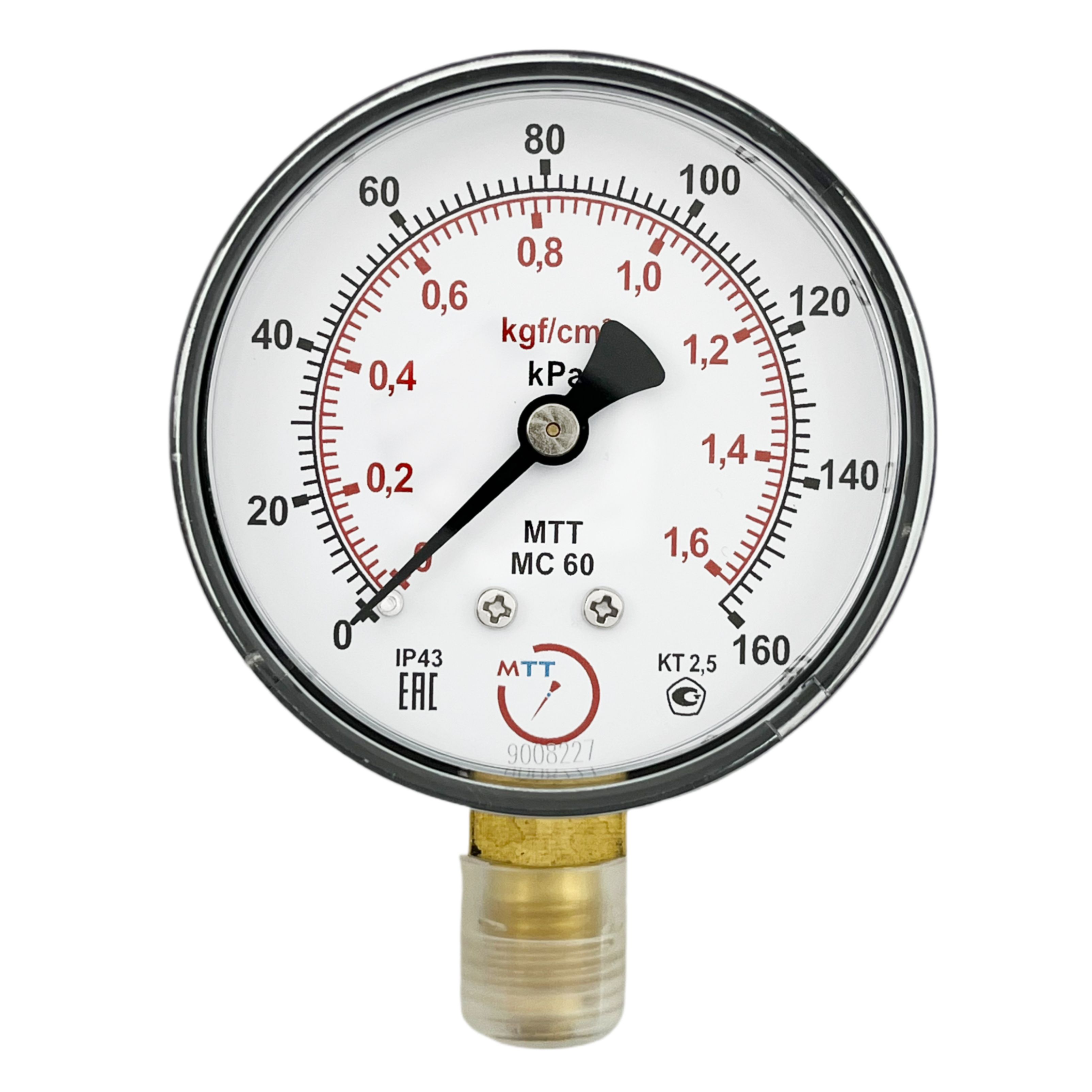 Манометр МС60 давление 0-160 кПа (1,6 бар) резьба М12х1.5 класс точности 2,5 корпус 62 мм. поверка 2 года