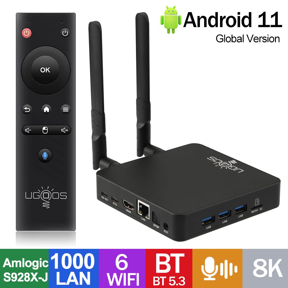 СмартТВ-приставкаUgoosAM8Android11AmlogicS928X-J4ГБ32ГБWiFi6BT5.31000MтелеприставкаAV1DolbyAudio/DolbyVision