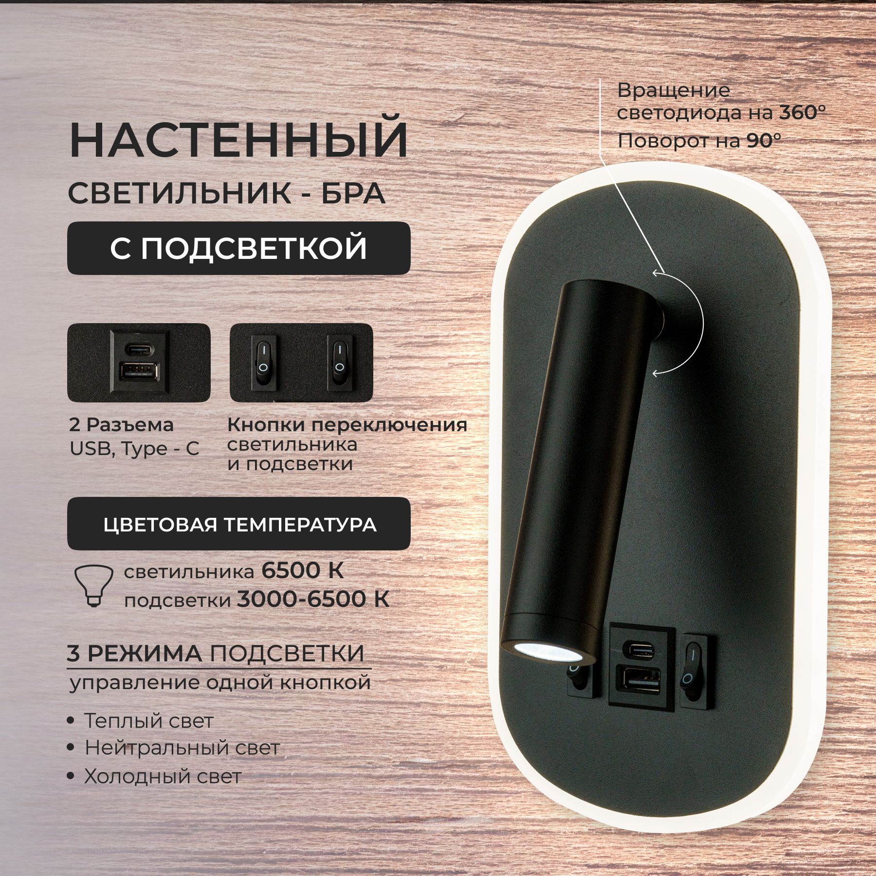 Светильник настенный прикроватный бра с выключателем и USB