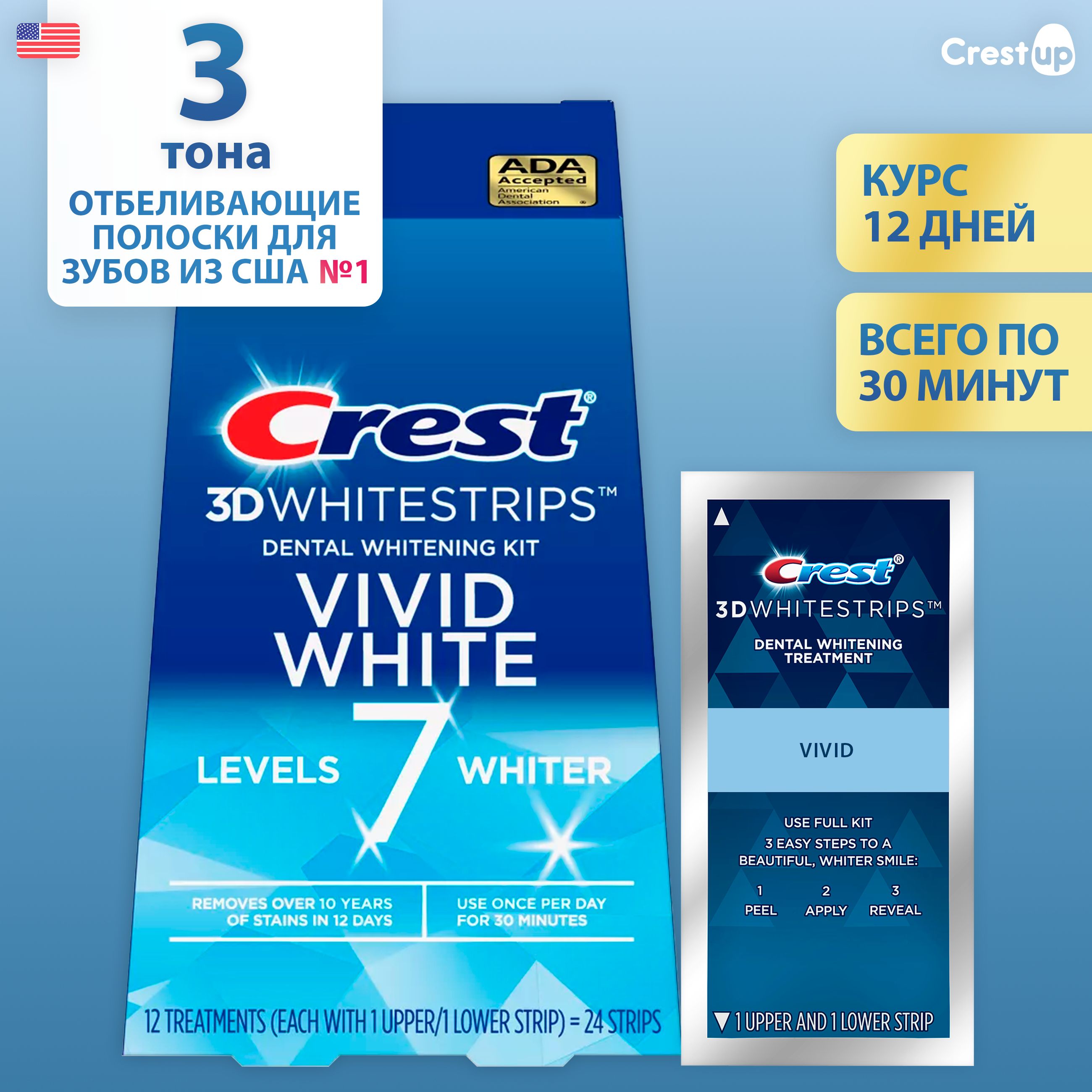 Отбеливающие полоски для зубов Crest 3D Whitestrips Vivid White (12 пакетиков)