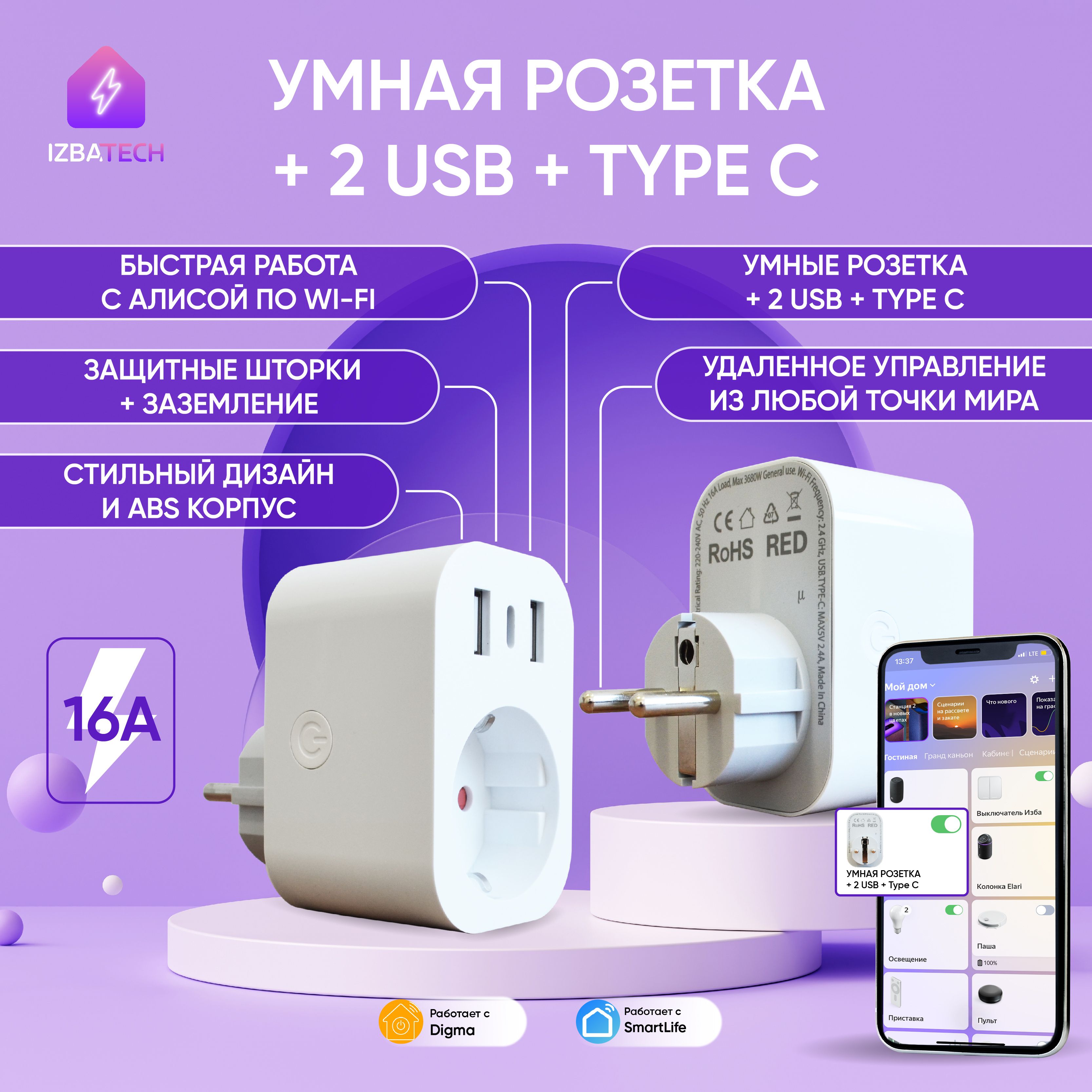 Умная WIFI розетка для Алисы на 2 порта USB и Type C есть шторки и  заземление 2.1А