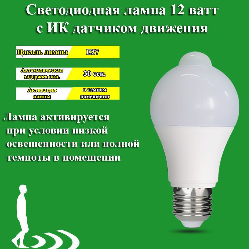 1шт.СветодиоднаялампалампочкацокольE2712ВтсИКинфракраснымдатчикомдвижениядальностьдо4м