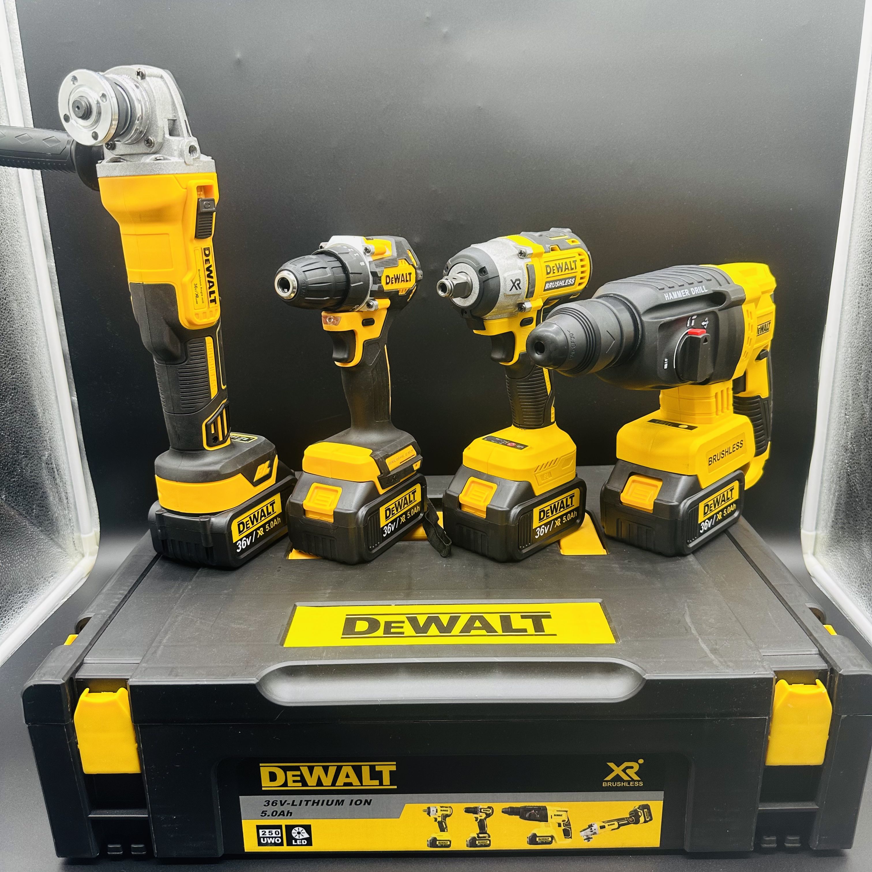 Набор аккумуляторного электроинструмента DeWALT 4в1 / Шуруповерт, Гайковёрт, Перфоратор, Болгарка (ушм)