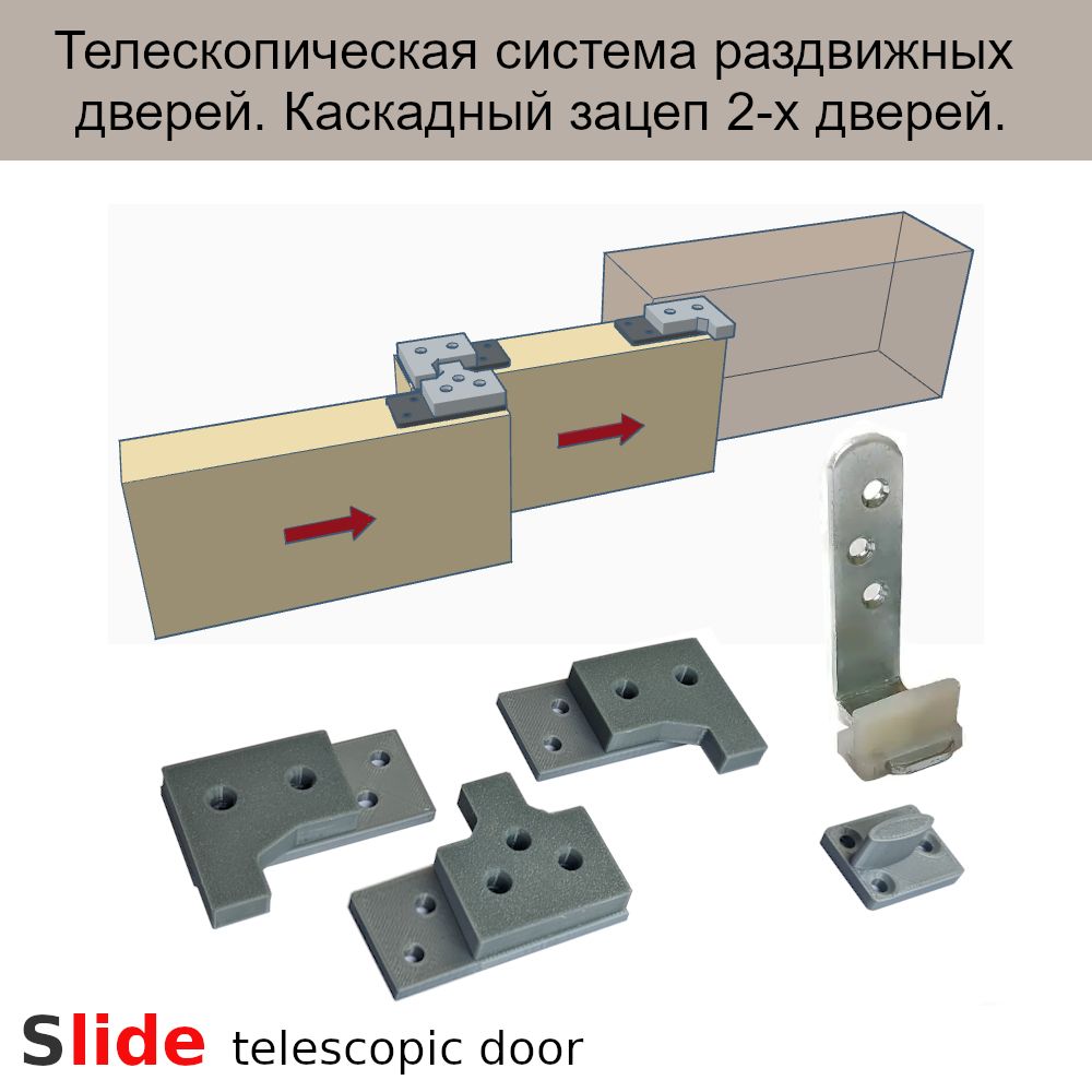 Телескопическая система раздвижных дверей. Каскадный зацеп 2-х дверей универсальный.