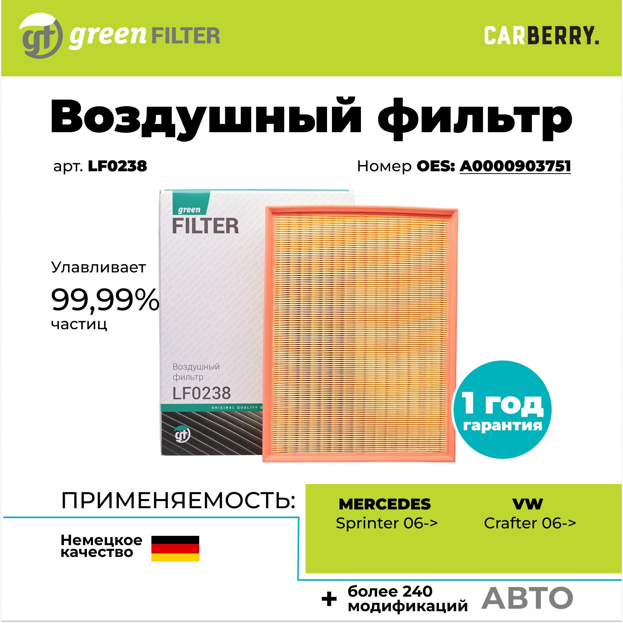 Фильтр воздушный Green Filter LF0238 для MERCEDES BENZ Sprinter и VOLKSWAGEN Crafter