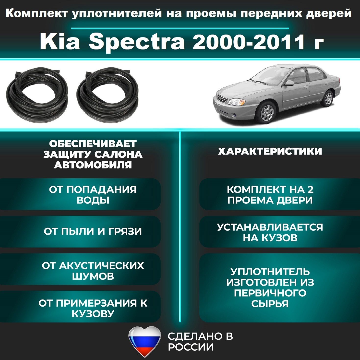 Комплект уплотнителей проемов передних дверей, подходит на Kia Spectra 2000-2011 г., Киа Спектра 2 шт