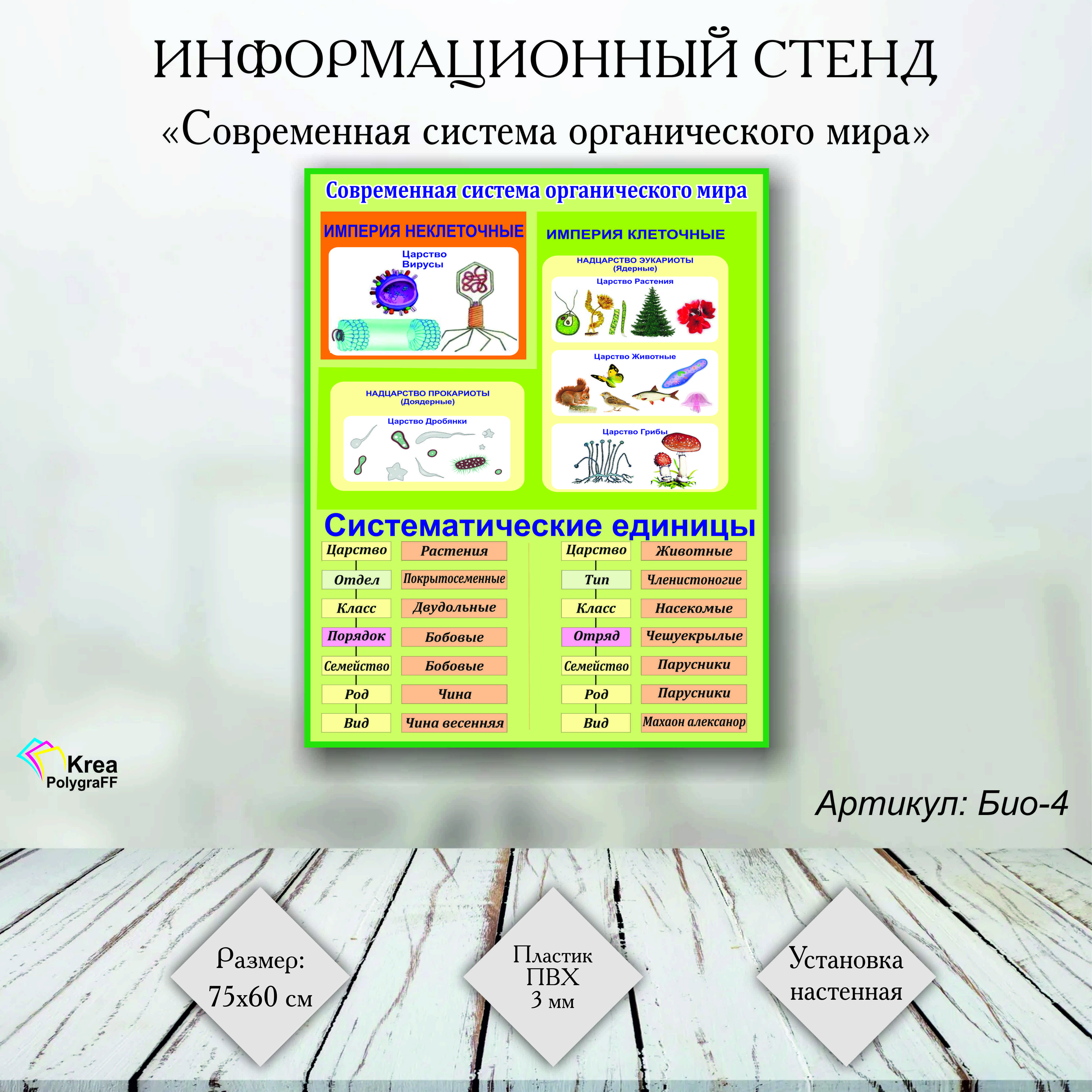 Стенд "Современная система органического мира " (Био-4) 75х60 см, систематические единицы по биологии,