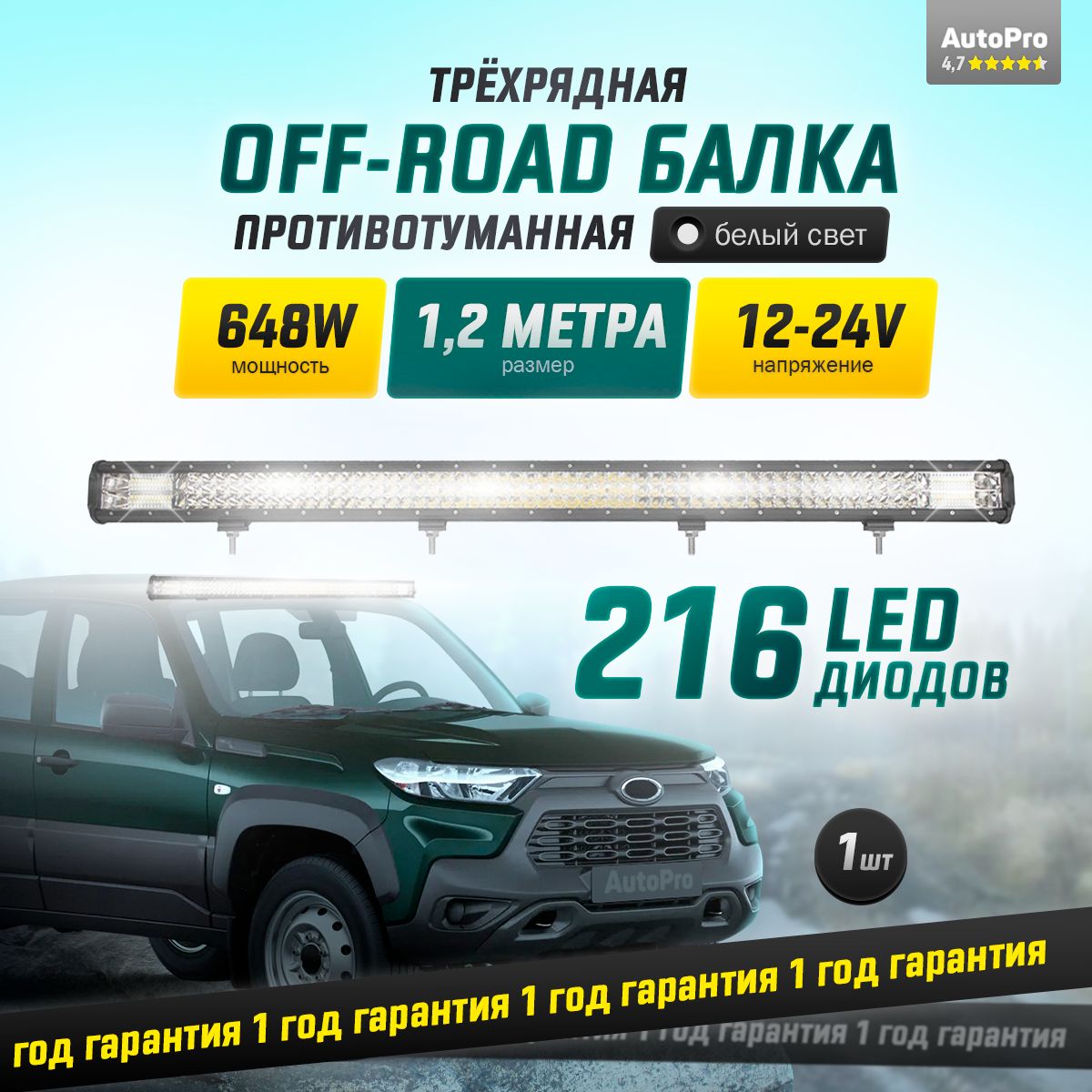 Светодиодная балка дальнего света 120см 648W