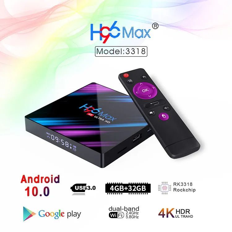 H96Max RK3318,четырехъядерный двухъядерный WiFi Bluetooth 4.0 DDR3 Android 10.0,сетевая приставка для телевизора, сетевой проигрыватель 4k HD