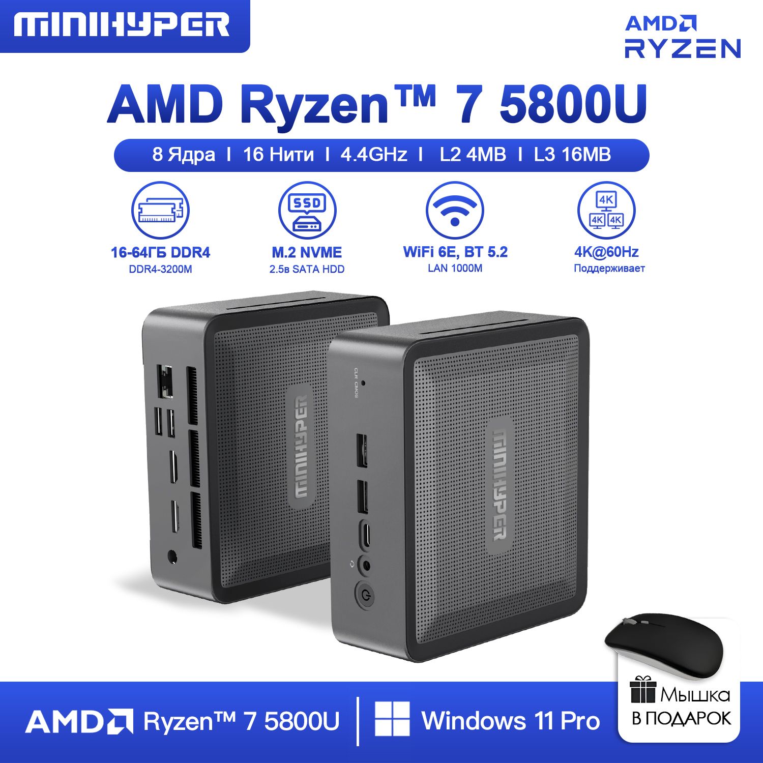 Мини-ПКMiniHyperминипкигровой(AMDRyzen75800U,RAM32ГБ,SSD1024ГБ,AMDRadeonVega8,Windows11Pro),черный