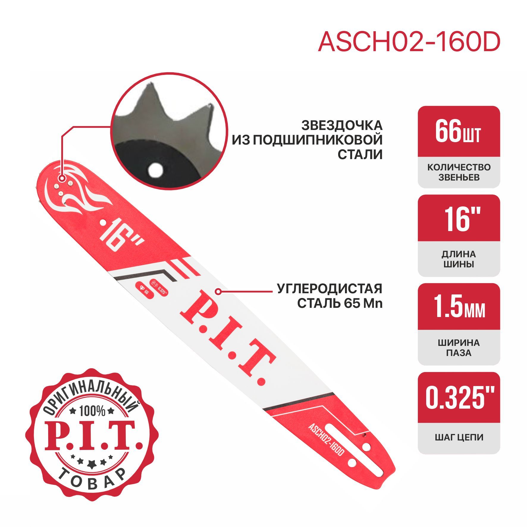 Шина для цепной пилы P.I.T. 0,325" 66зв 1,5мм 16"(ASCH02-160D)