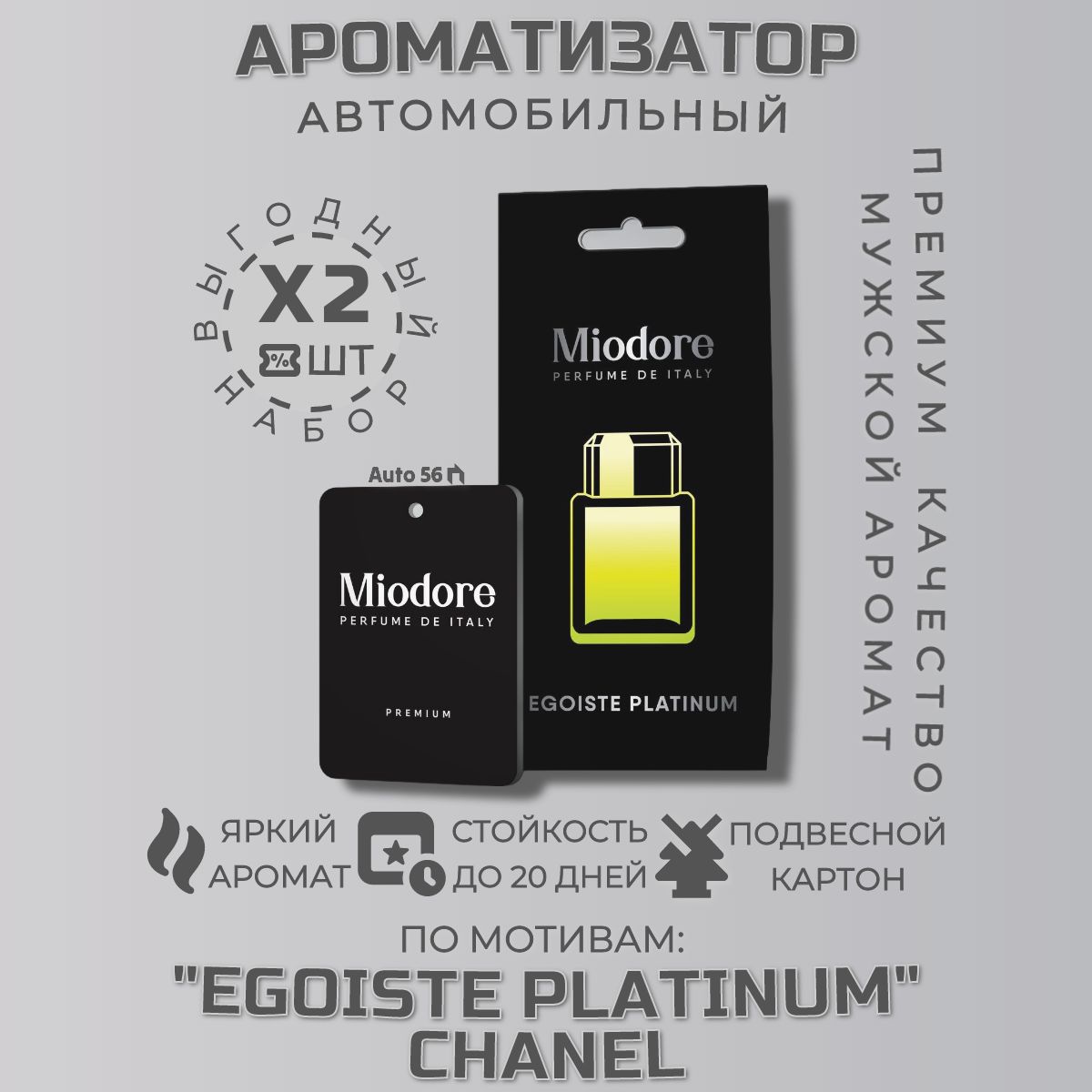 Miodore Ароматизатор автомобильный, Набор 2ШТ "EGOISTE PLATINUM" CHANEL Автопарфюм мужской