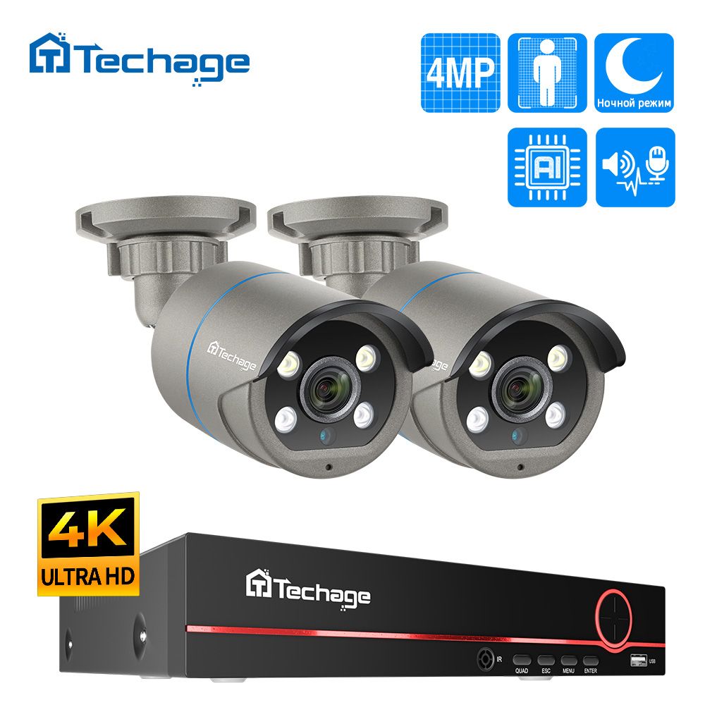 Techage 8-канальный HD 4MP POE NVR комплект видеонаблюдения - IP-камера, P2P, жесткий диск 1 ТБ