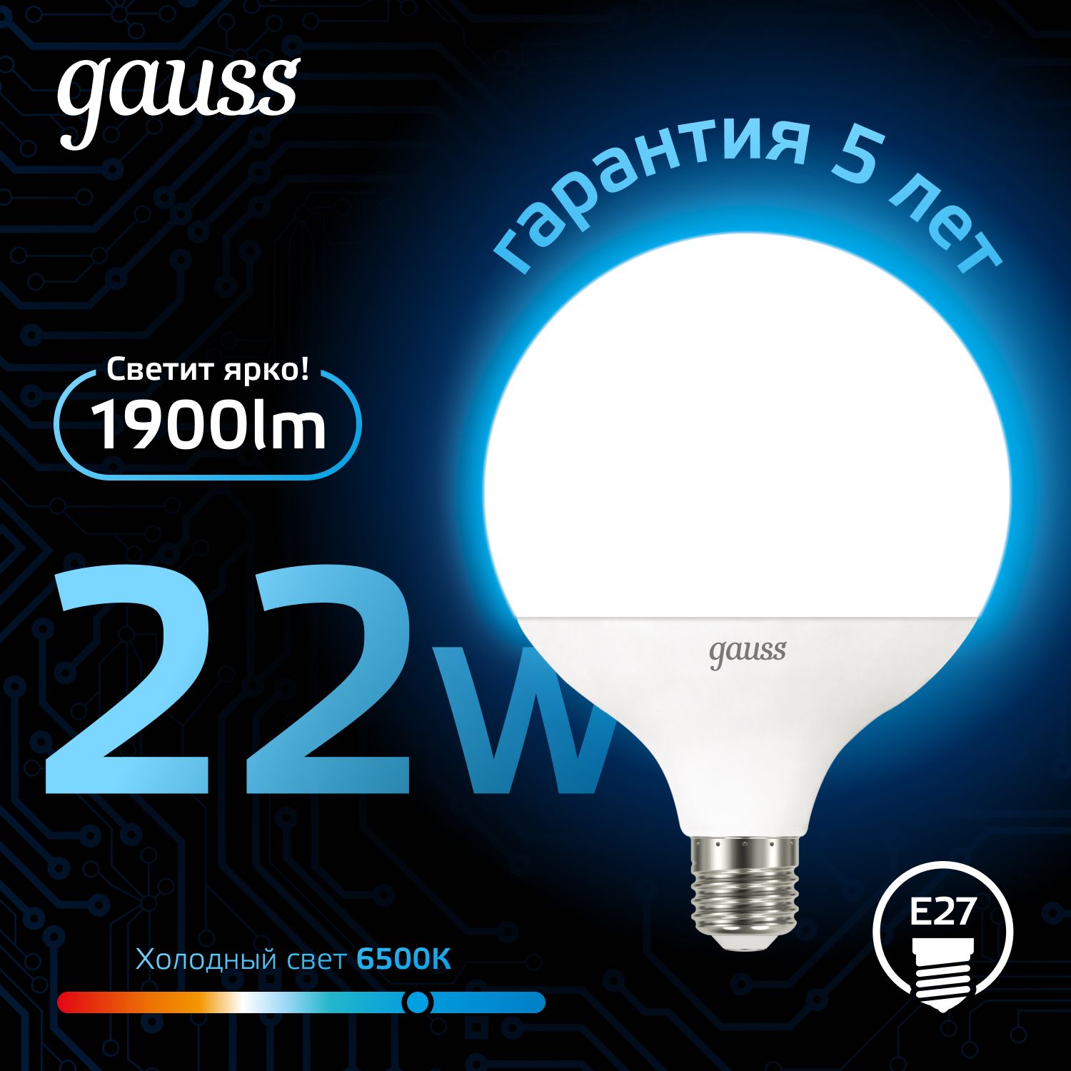 Лампочка светодиодная Е27 Шар G125 22W холодный свет 6500К Gauss Black