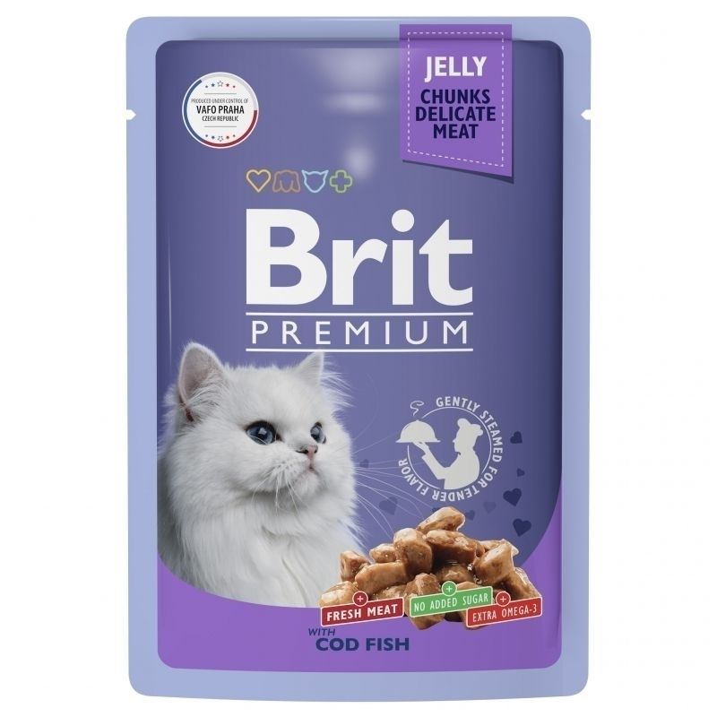 Brit:Premium,Паучдлявзрослыхкошек,Трескавжеле,85гр.