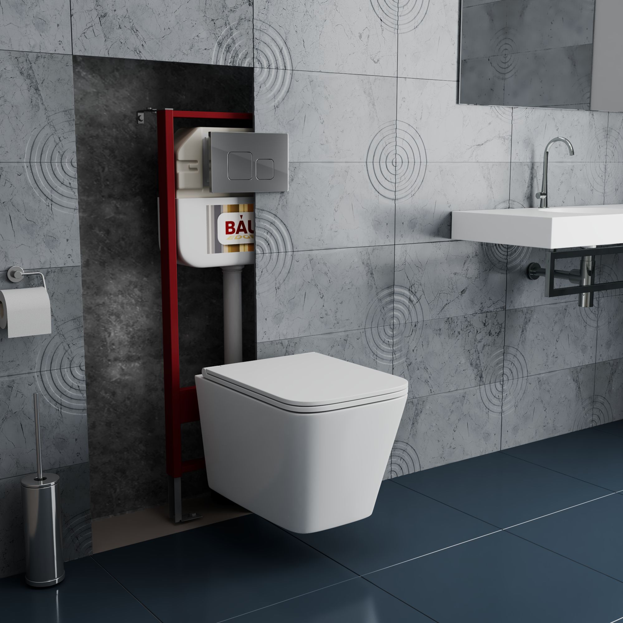 Комплект BAU 6 в 1: рамная инсталляция BAU NEO 45, унитаз подвесной безободковый OWL Vatter Ruta-H mini 49x34, быстросьёмное сиденье микролифт, квадратная хромированная клавиша Aquanika