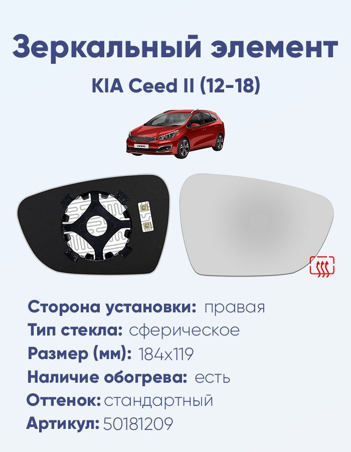 Зеркальный элемент правый KIA Ceed II (12-18) сфера нейтральный с обогревом