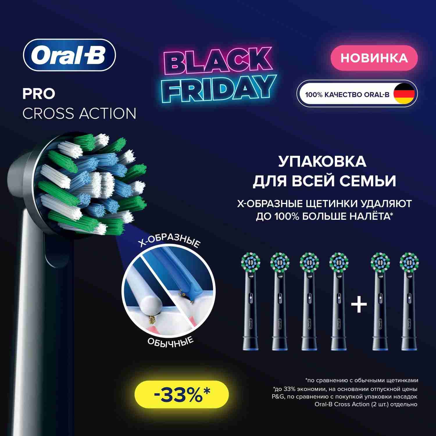 НасадкидляэлектрическойзубнойщеткиOral-bCrossActionCleanMaximiserBlack,6шт.,длятщательногоудаленияналета