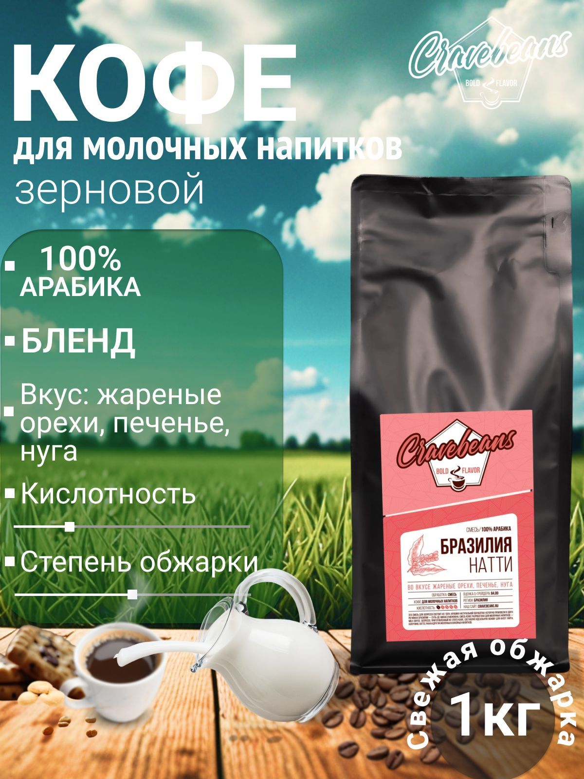 Кофевзернах1кг,арабика100%,CRAVEBEANS,Натти