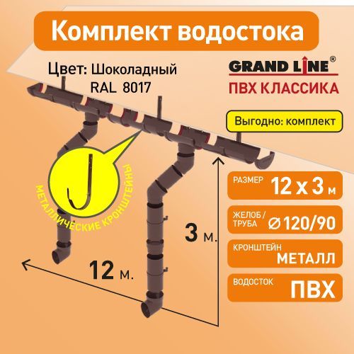 Комплект водосточной системы Гранд Лайн 12х3, цвет - ШОКОЛАД (RAL 8017) с металлическими кронштейнами / Водосточная система для крыши Grand Line 120/90