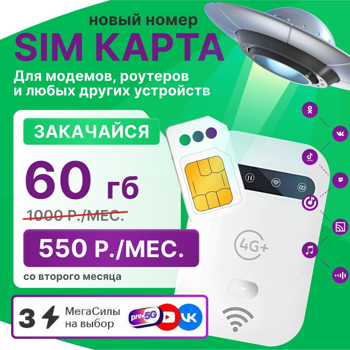 Sim-карта МегаФон 60 ГБ. Для любых устройств. Непубличный тариф для модема, роутера, планшета, телефона (только интернет)