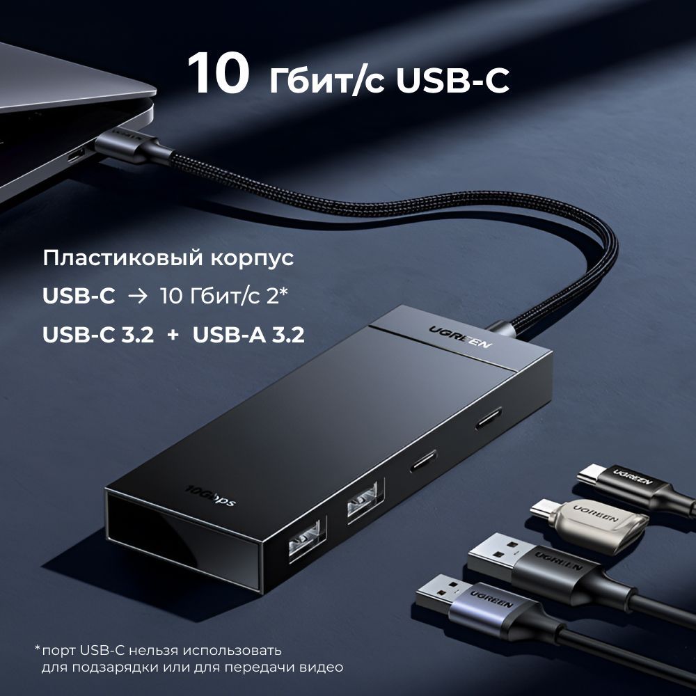 ХабUGREENCM806(35583)USB-CTo2xUSB-A+2xUSB-CHUBwithoutPD.Цвет:черный