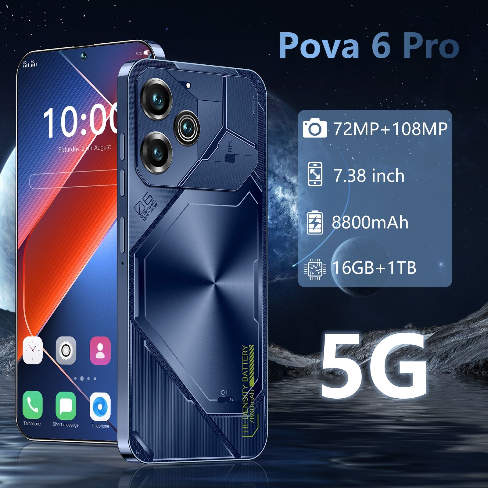 TecnoСмартфонНовейшийсмартфонPova6Pro,7,38-дюймовыйэкран,8800мАч,72+108Мп,ультралегкийразвлекательныйофисныйсмартфонCN16/1ТБ,черный