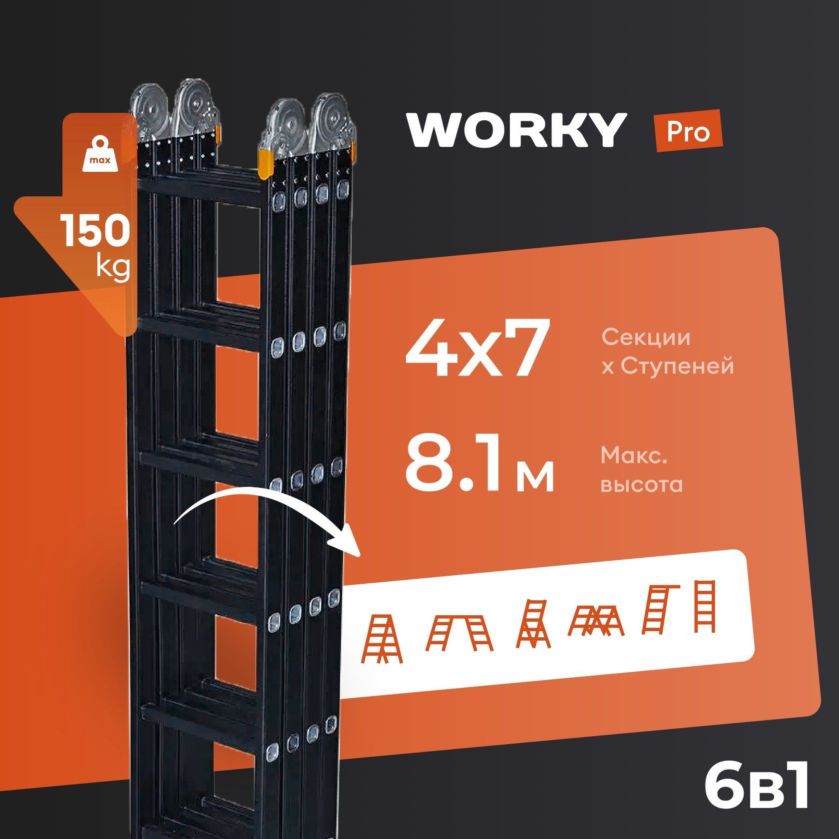 Лестница-стремянка 4x7 трансформер WORKY Pro, высота 8,1м