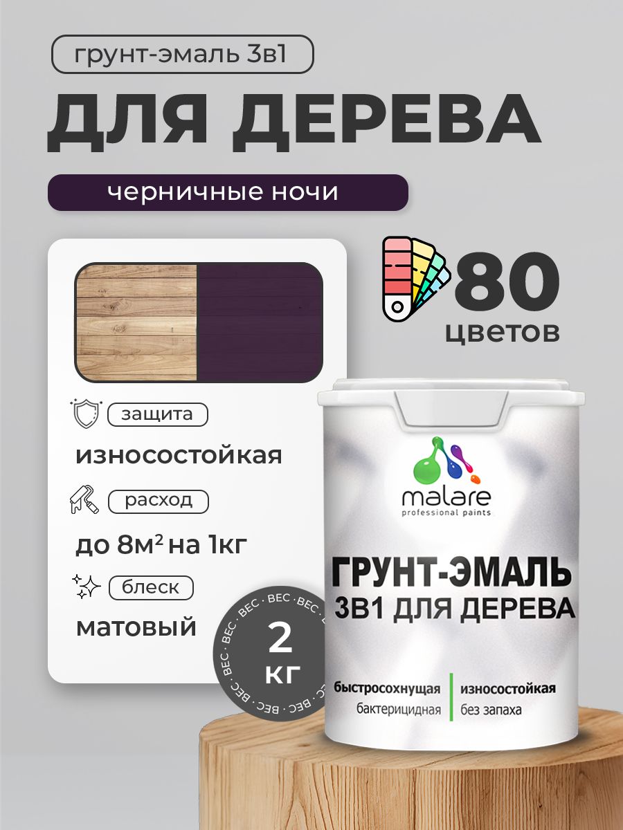 Акриловая Грунт-Эмаль 3 в 1 Malare для деревянных поверхностей с антисептическим эффектом, быстросохнущая, моющаяся без запаха матовая, черничные ночи, 2 кг