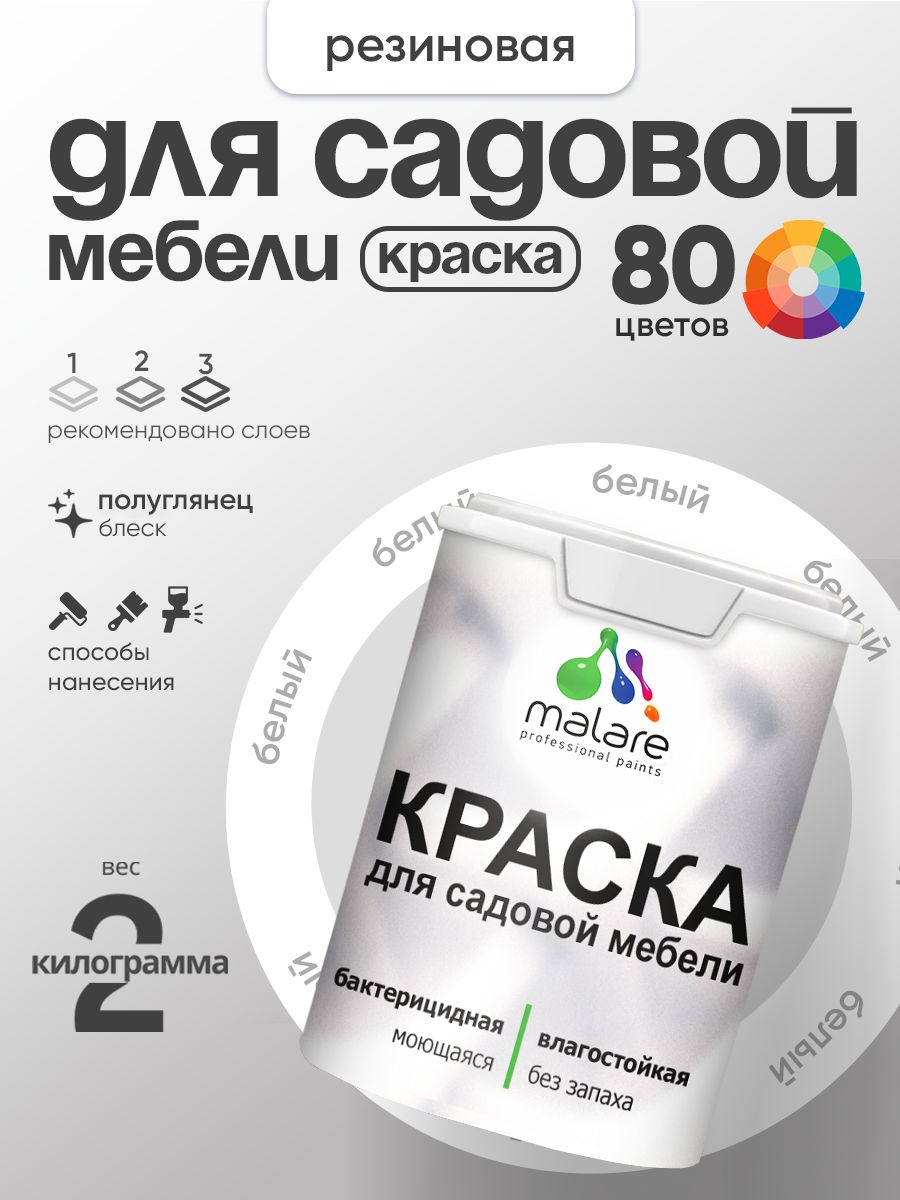 Резиновая краска Malare для садовой мебели/ по дереву, для наружных и внутренних работ/ быстросохнущая моющаяся без запаха полуглянцевая, белая, 2 кг