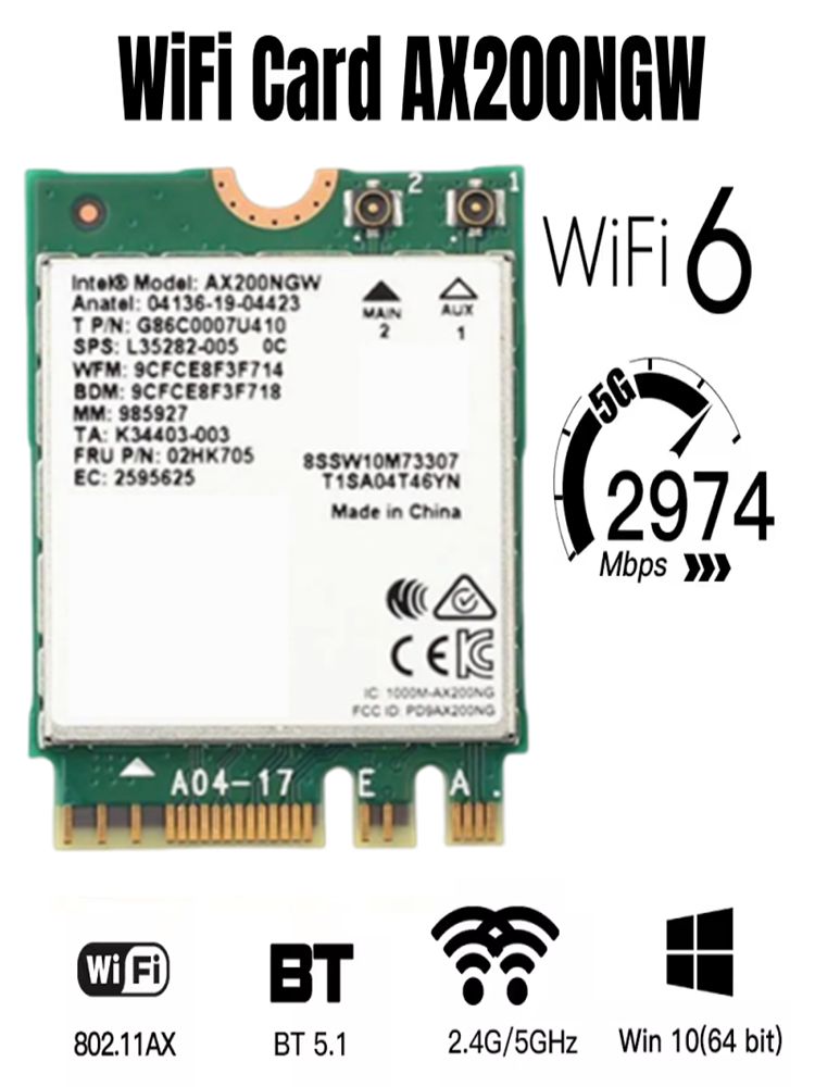 WiFi6АдаптерIntelAX2003000Мбит/сBluetooth5.2M.2Беспроводнаялокальнаясеть2.4G/5ГГцдляноутбука/ПК