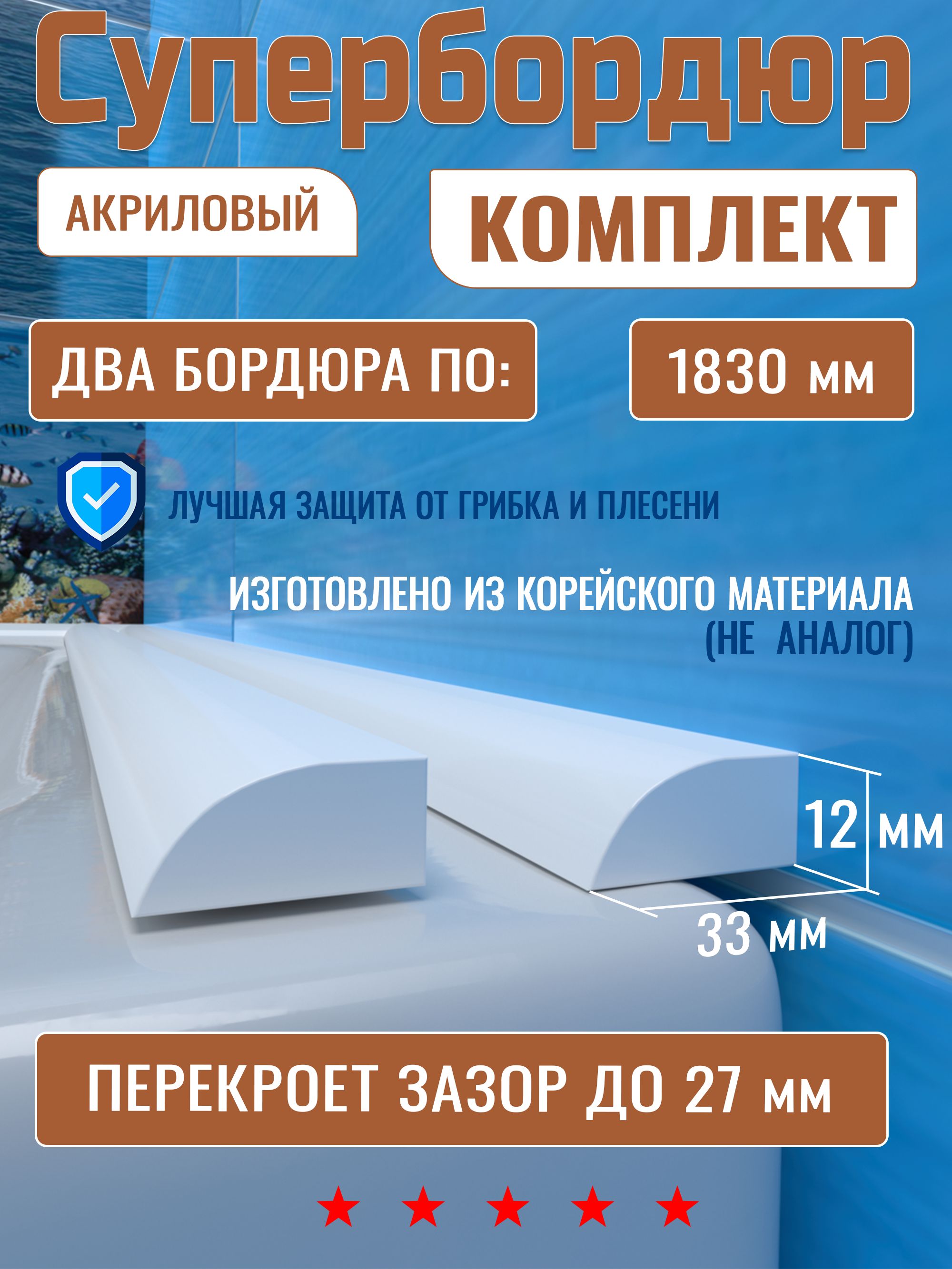 КомплектАкриловыйбордюр,плинтусдляванны,Супербордюр,белый,183смХ2шт.