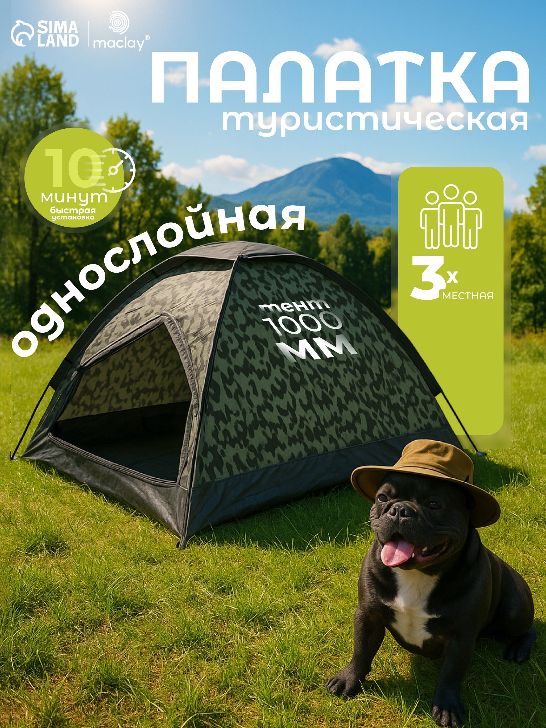 Палатка туристическая 3-местная, трекинговая, однослойная