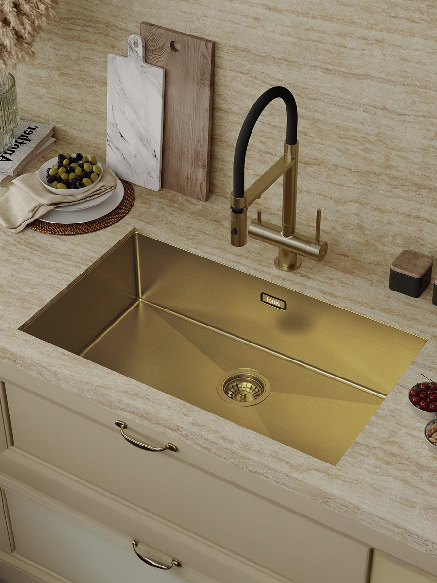 Фото товара на маркетплейсе ozon Мойка для кухни IDDIS, врезная или подстольная (универсальный монтаж), 74х44х20 см, нержавеющая сталь, без крыла, матовое золото, Edifice,EDI74B0i77