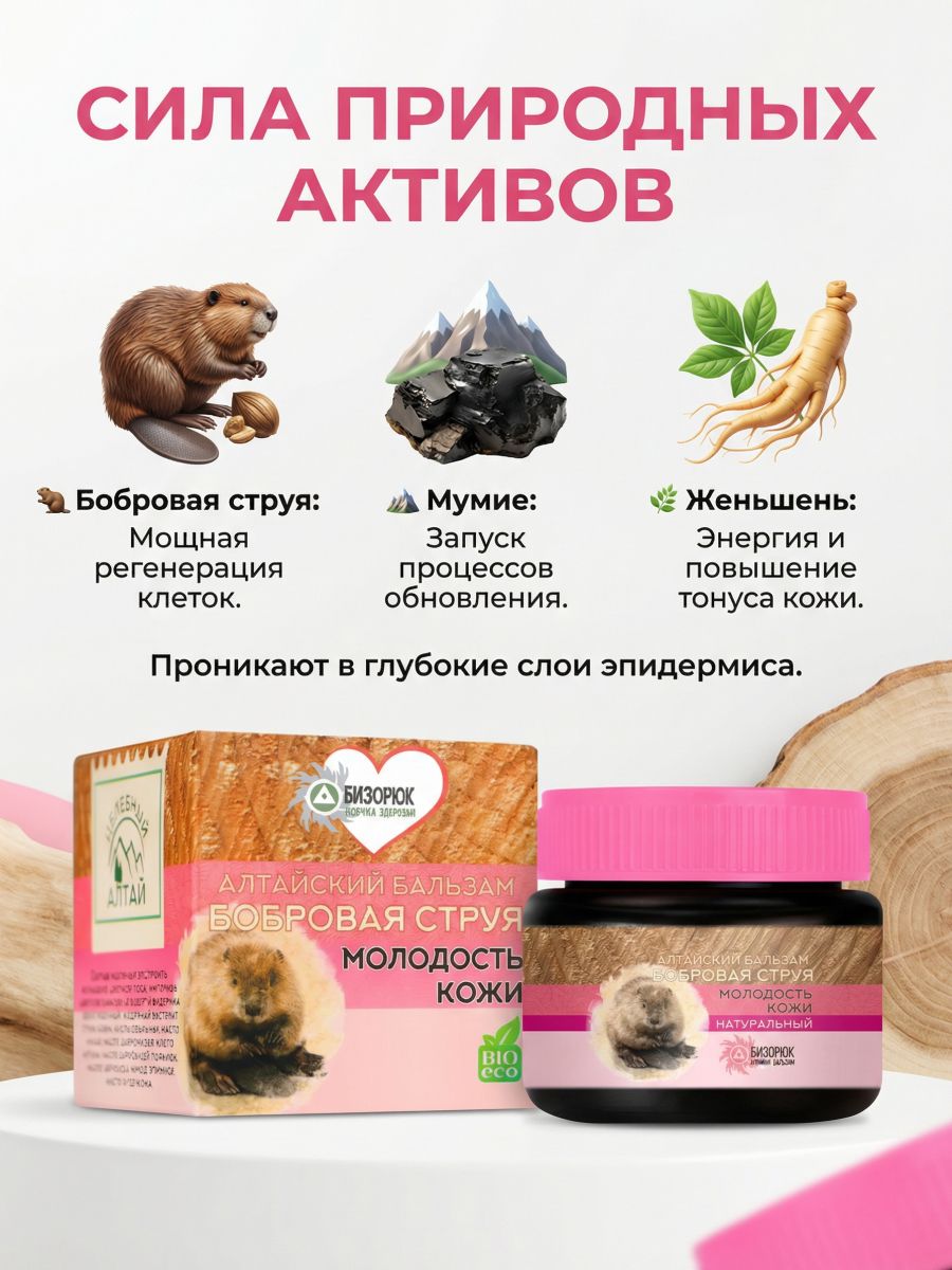 Бальзам "Целебный Алтай" Бобровая струя молодость кожи Бизорюк
