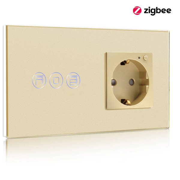 Сенсорный жалюзи выключатель умный с розеткой с Zigbee, 1 Рольставня 1 ...
