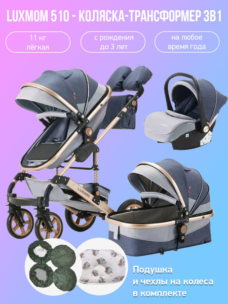 Детская коляска-трансформер 3 в 1 Luxmom 510, синий с подушкой и ...