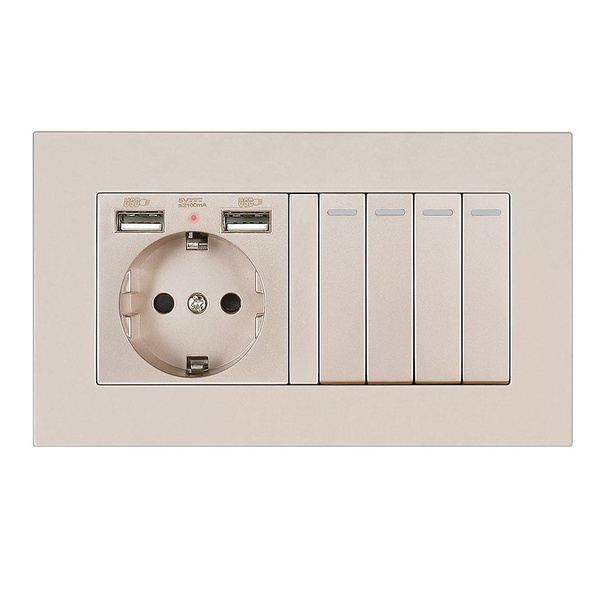 Выключатель механический с розеткой, 2 USB ,1 розетки 4 клавиша ,146mm ...